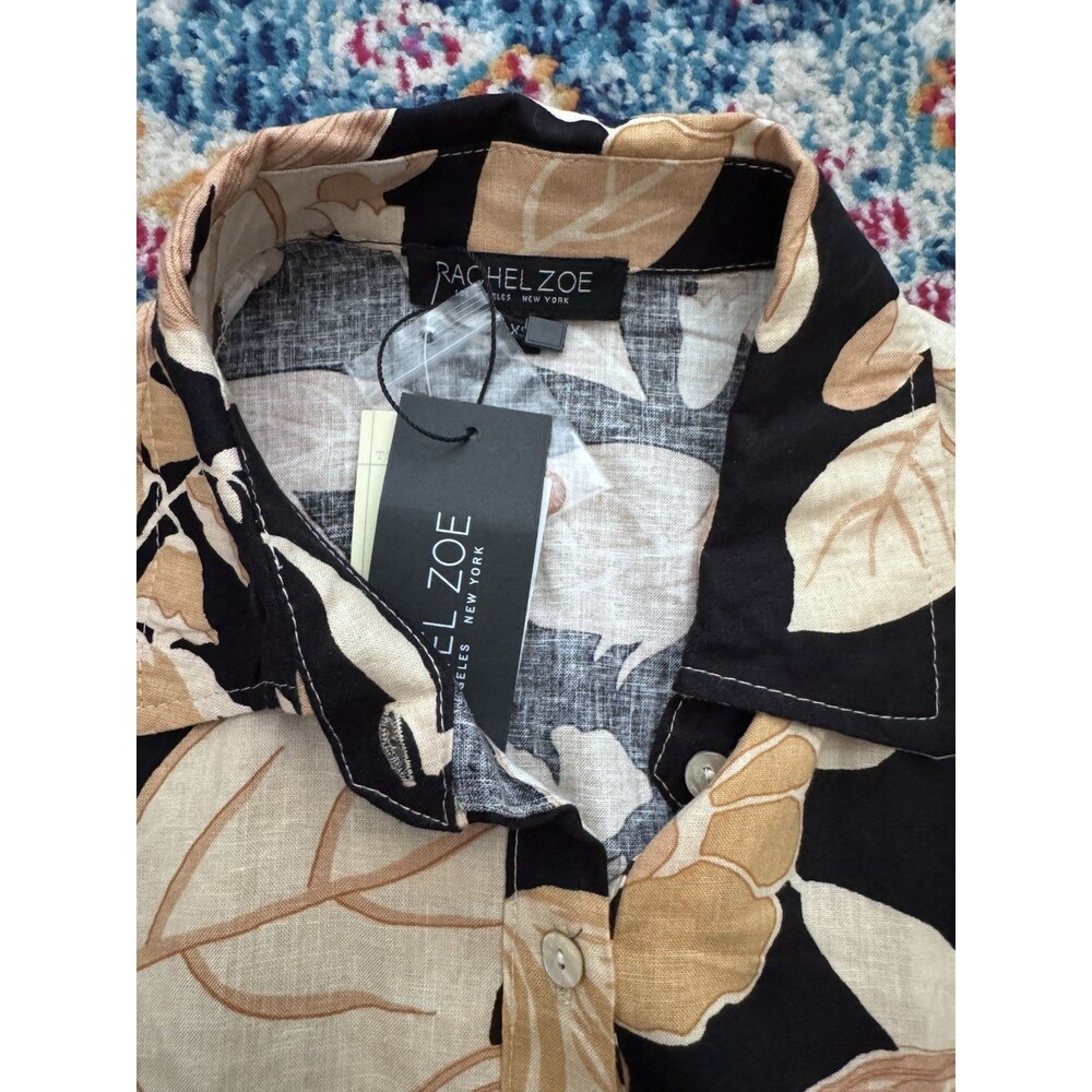 NWT Rachel Zoe Blue and Tan Floral Sleeveless Tie Blouse Linen Rayon Blend Sz XS - Picture 4 of 7